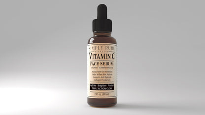 Simply Pure Vitality's Vitamin C Face Serum with Vitamin E and Hyaluronic Acid. Assists with UV Protection, Helps soften skin texture, supports anti-aging and collagen production, brightens skin and fades dark spots, protects and fights free radicals, enhances skin radiance. Use 1-2 times a day AM & PM. Use on face, neck and under eyes, for all skin types. In 2 sizes, 2oz for $28.99 and 1oz for $19.99. Save money with the 2oz bottle.