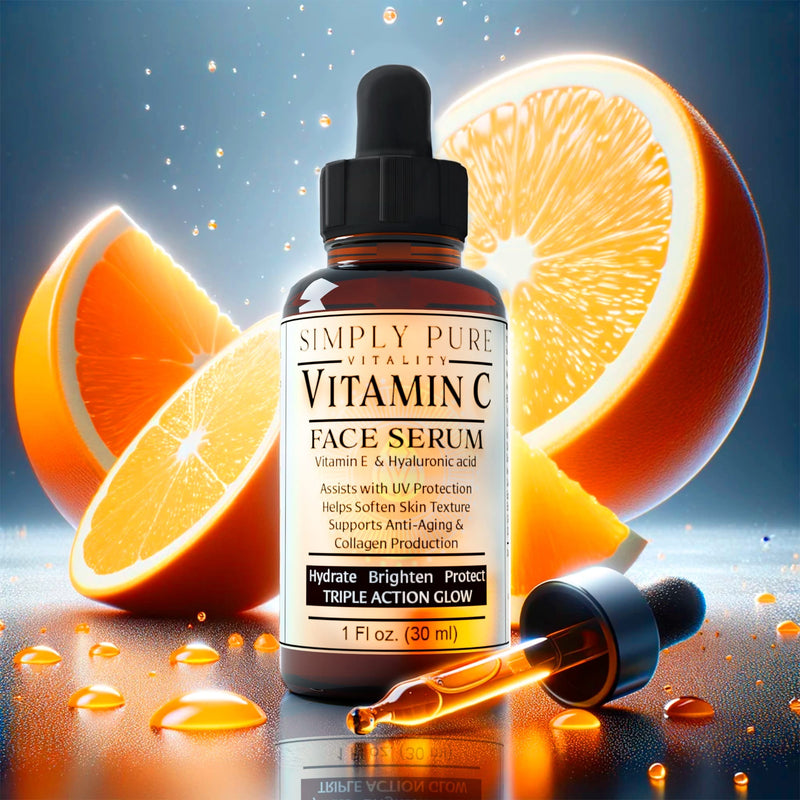 Simply Pure Vitality's Vitamin C Face Serum with Vitamin E and Hyaluronic Acid. Assists with UV Protection, Helps soften skin texture, supports anti-aging and collagen production