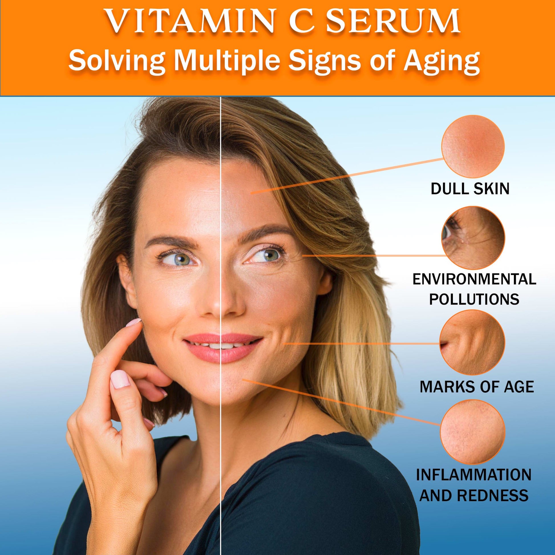 Simply Pure Vitality's Vitamin C Face Serum with Vitamin E and Hyaluronic Acid. Assists with UV Protection, Helps soften skin texture, supports anti-aging and collagen production, brightens skin and fades dark spots, protects and fights free radicals, enhances skin radiance. Use 1-2 times a day AM & PM. Use on face, neck and under eyes, for all skin types. In 2 sizes, 2oz for $28.99 and 1oz for $19.99. Save money with the 2oz bottle.